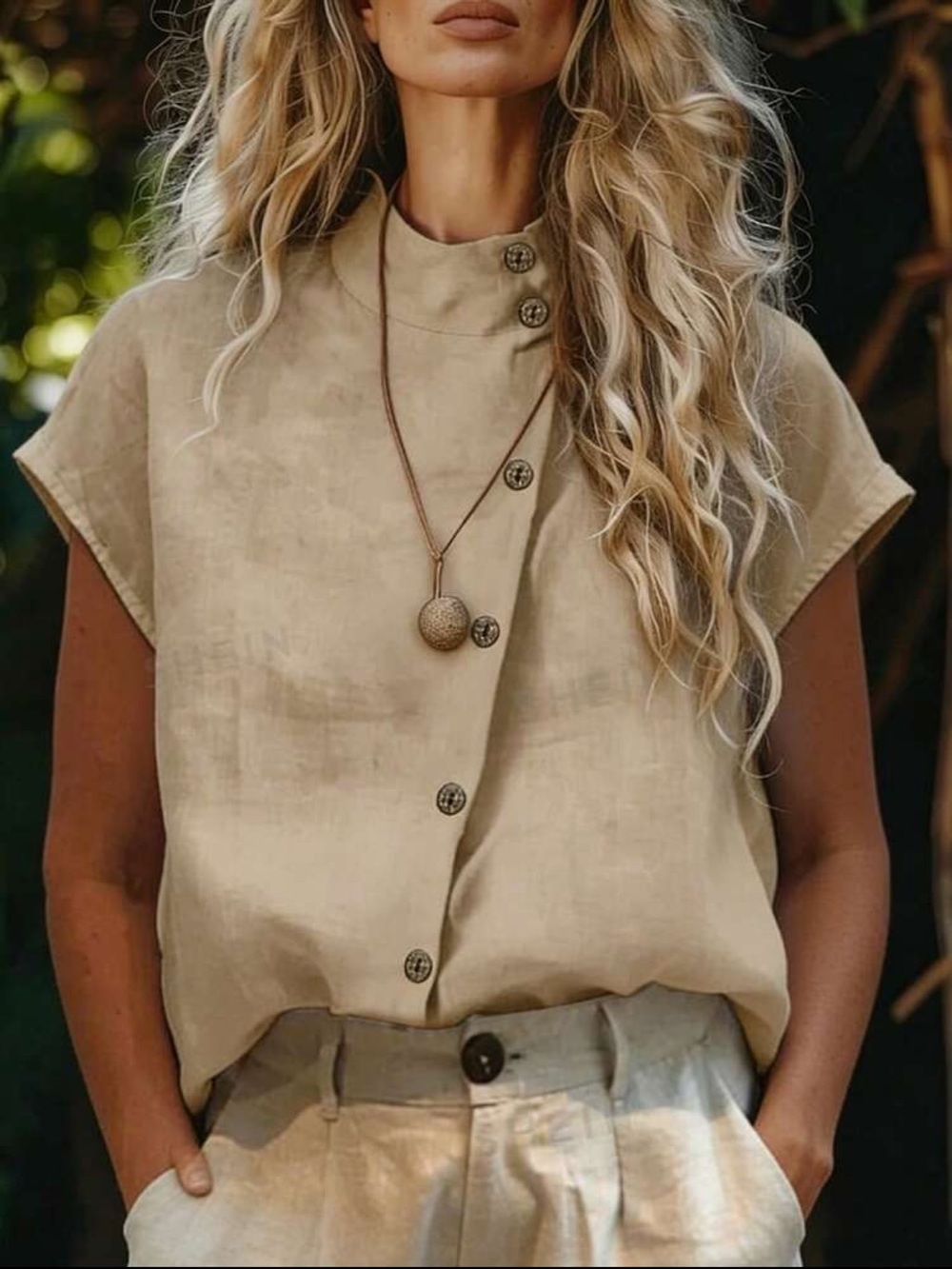 Classic White Stand Collar Cap Sleeve Blouse Top Button Down UP Shirt